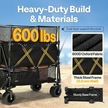 VIVOHOME 500L Large Capacity Double Decker Collapsible Wagon 500lbs Heavy Duty Utility Folding Cart with Big Wheels 53" Extended for Camping, Sports