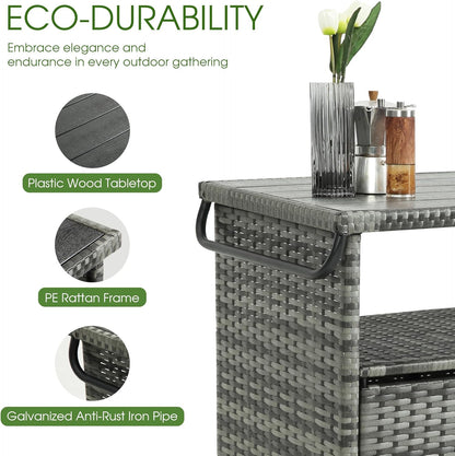 HOMEFUN Outdoor Grill Carts with Storage Cabinet - Outside Bar Cart with Wheels Wicker Patio Kitchen Island Table Weatherproof Prep Stand, Grey