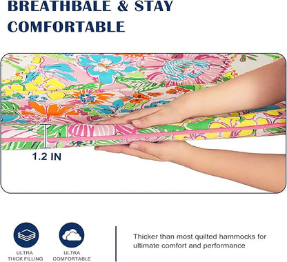 Lazy Daze Hammocks 12 FT Quilted Fabric Hammock with Curved Aluminium Spreader Bar, Outside Double Thickened Hammock with Soft Pillow, Side Pocket 450 Lbs Capacity for Patio, Poolside, Floral