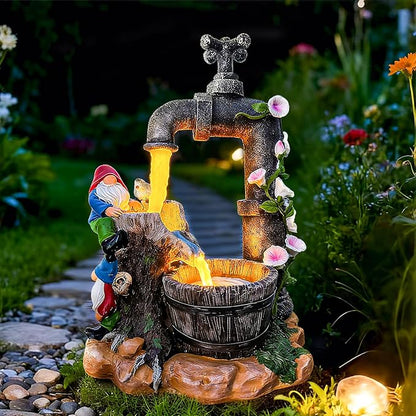 Solar Garden Gnomes Statues Outdoor Yard Decorations, 10" Resin Fountain Gnome Outside Christmas Art Decor for Lawn Patio Porch Backyard,Unique Housewarming Gifts for Women Mom Grandma