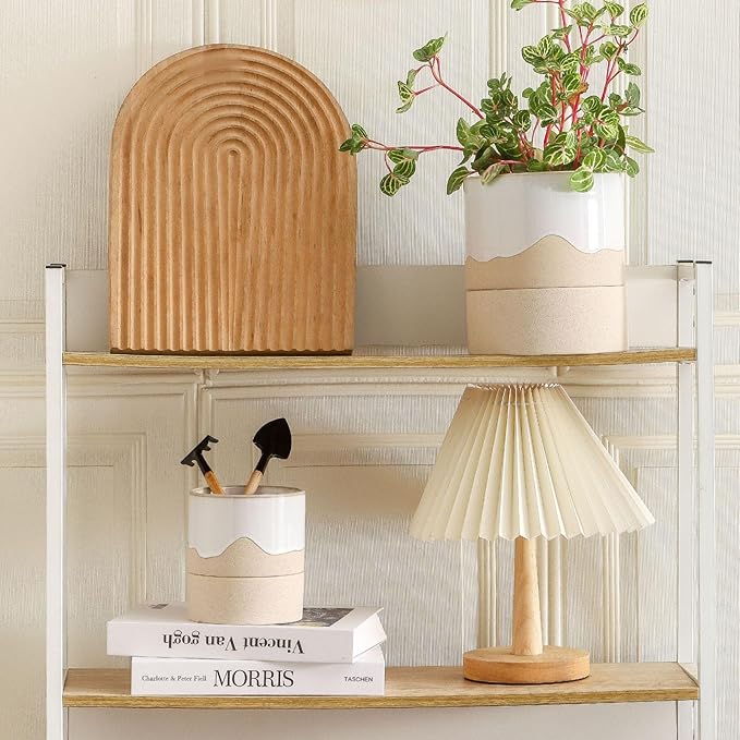 Nihow Self Watering Plant Pot for Indoor Plants: 4.5+6 Inch Ceramic Planter with Drainage Hole & Water Storage Plus - Cylinder Flower Pot with Wick for Herbs -White & Nature