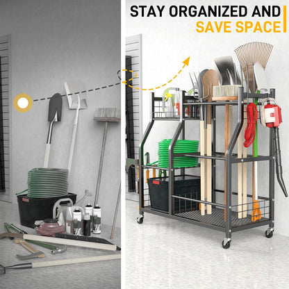 Ultrawall Garden Tool Organizer, Yard Tool Storage Rack for Garage Organization with Lockable Wheels, Garden Tool Stand for Rake, Brooms, Indoor & Outdoor Use