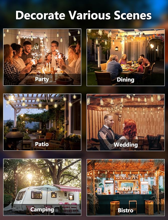 LED Patio String Lights 20Ft with 22 ST40 LED Edison Bulbs, Waterproof Outdoor Hanging Lights for Porch, Deck, Garden, Backyard, E17 Base, 2700K Dimmable, Vintage String Lights- Black Wire