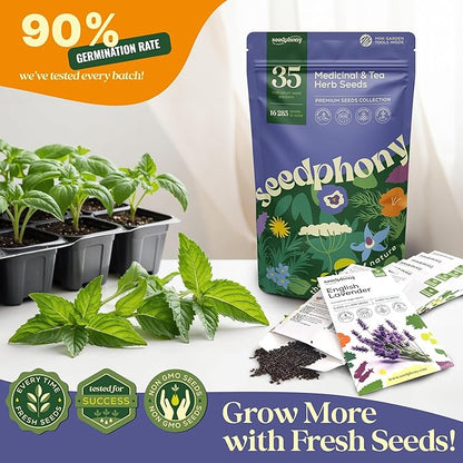 35 Medicinal & Tea Herb Seeds Variety Pack - 16,285+ Non-GMO Heirloom Herbs Seeds for Planting Indoor & Outdoor: Lavender, Rosemary, Echinacea, Mint, Catnip, Basil - Gardening Seed Packets