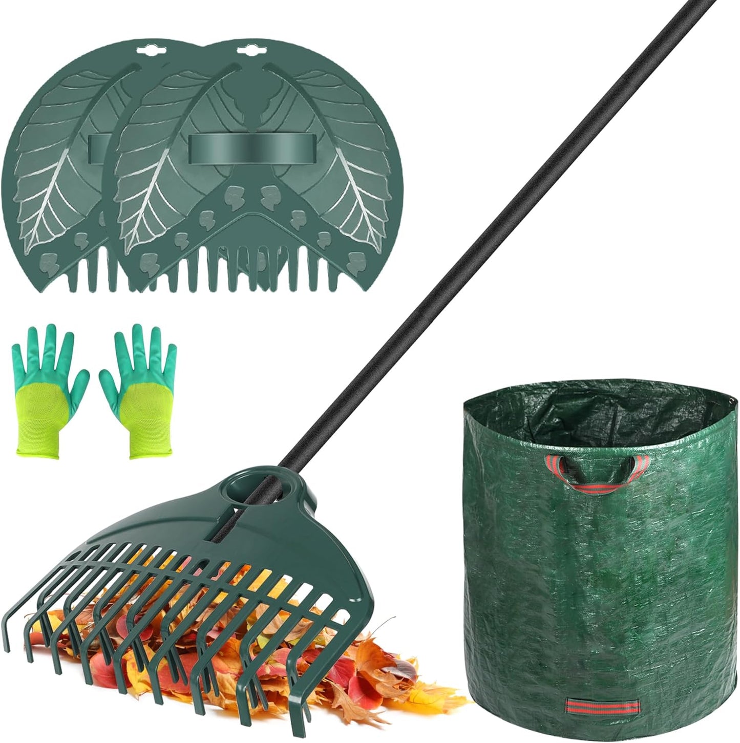 ORIENTOOLS 17Tines Double Row Garden Rake Set with 9Tines Leaf Hand Rakes, 272L Leaves Bin and Gardening Gloves for Scooping and Picking up Leaves, Clear and Collect Garden Rake Kit