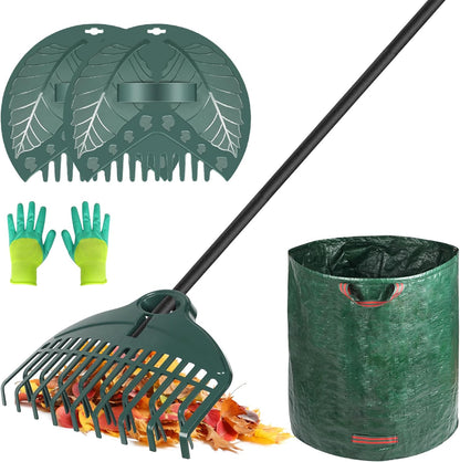 ORIENTOOLS 17Tines Double Row Garden Rake Set with 9Tines Leaf Hand Rakes, 272L Leaves Bin and Gardening Gloves for Scooping and Picking up Leaves, Clear and Collect Garden Rake Kit
