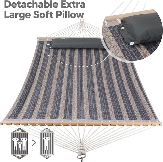 SUNCREAT Double Quilted Hammock with Hardwood Spreader Bar, Extra Large Soft Pillow, Heavy Duty 2 Person Hammock for Indoor, Outdoor, Gray Stripes