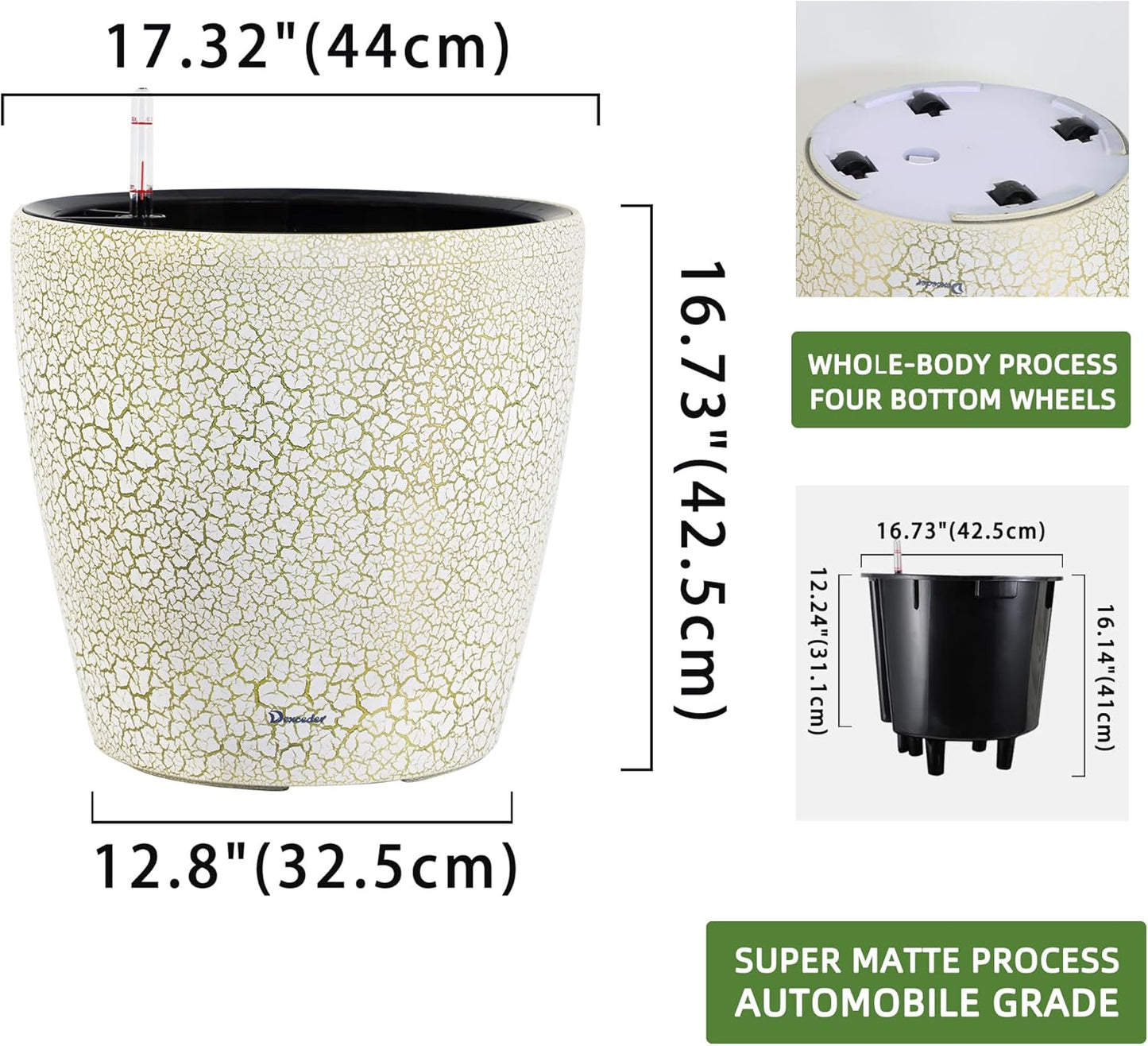 Dexceder 18x17 Self Watering Planter with Wheels Indoor Outdoor, Inner Pot Design, Thickened Large Floor Standing Flower Plant Pot with Water Level Indicator (White Gold Crackle)