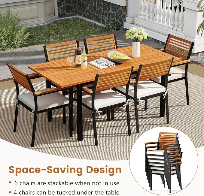 Tangkula 7-Piece Patio Dining Set, Outdoor Acacia Wood Cushioned Chairs and 51”-64” Expandable Rectangular Table Set, with Umbrella Hole, 6 Stackable Armchairs, for Poolside Garden (Off White)