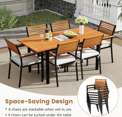 Tangkula 7-Piece Patio Dining Set, Outdoor Acacia Wood Cushioned Chairs and 51”-64” Expandable Rectangular Table Set, with Umbrella Hole, 6 Stackable Armchairs, for Poolside Garden (Off White)