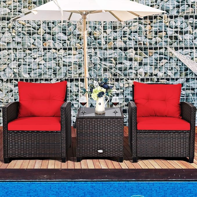 RELAX4LIFE 3 Piece Patio Furniture Set, Wicker Bistro Conversation Set w/ 2 Cushioned Armchairs & Glass Topped Table, Outdoor Rattan Sofa Set Patio Furniture for Porch Balcony Poolside (Red)