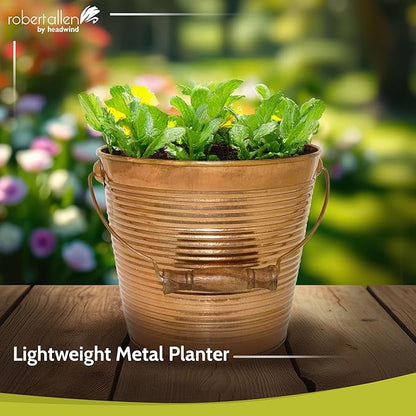 Headwind Robert Allen Vintage Ribbed Metal Planter with Handle, 10-Inch, New Penny – Lightweight Indoor/Outdoor Flower Pot with Drainage Hole