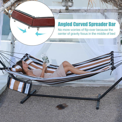 TegerDeger 12FT 2 Person Hammock with Stand Included 55 x 79IN Large Hammock 450LB Capacity with V Shaped Hardwood Spreader Bar & Nylon Rope for Outside, Patio, Garden, Backyard, Beach- Coffee Stripes