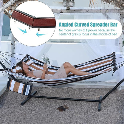 TegerDeger 12FT 2 Person Hammock Large Hammock 450LB Capacity with V Shaped Hardwood Spreader Bar & Nylon Rope for Outside, Patio, Garden, Backyard, Beach, Poolside - Coffee Stripes