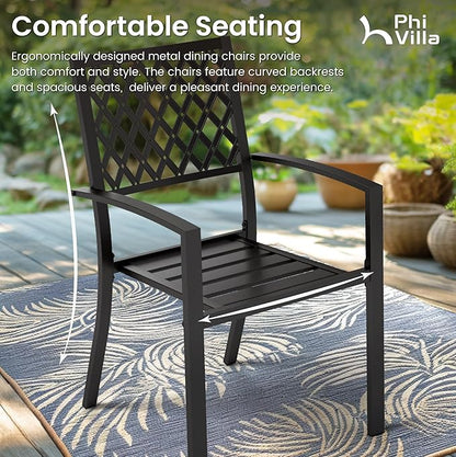 PHI VILLA 3 Piece Outdoor Bistro Set for 2, 22" Metal Square Table with Umbrella Hole & Stacking Wrought Iron Chairs, Small Furniture Conversation Set for Porch, Deck, Balcony, Patio, Yard - Black