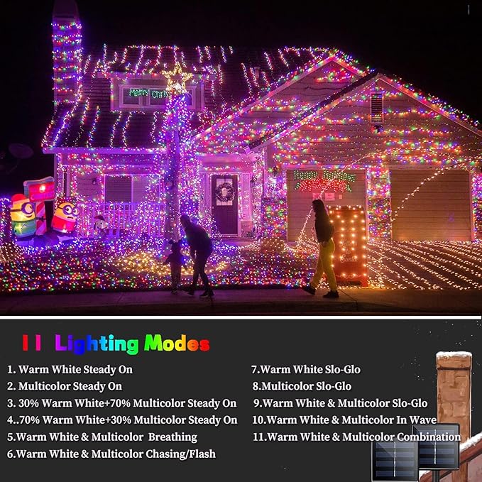 2 Pack 480 LED Solar Chrismas Lights Outdoor, 170 FT Solar String Lights for Outside with 8 Modes & Memory Function, Waterproof Twinkle Light for Xmas Tree Party Decorations (Warm White & Multicolor)