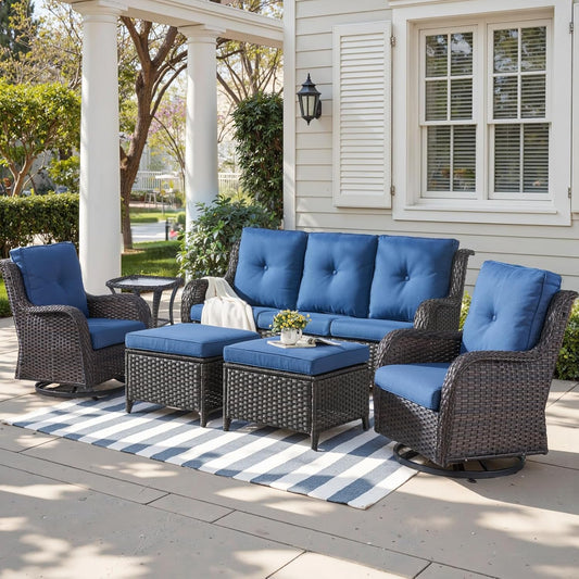 Outdoor Wicker Patio Furniture Set - 6 Piece Rattan Patio Conversation Set with 2 Rocking Swivel Chairs,2 Ottomans,1 Sofa and 1 Side Table for Porch Deck Backyard Garden(Brown/Blue)