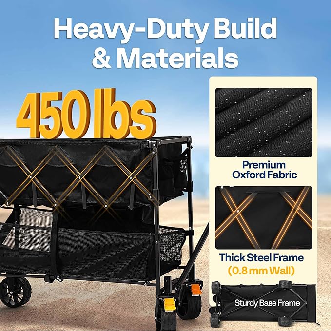 VIVOHOME 400L Large Capacity Double Decker Collapsible Wagon 500lbs Heavy Duty Utility Folding Cart with Big Wheels 53" Extended for Camping, Sports