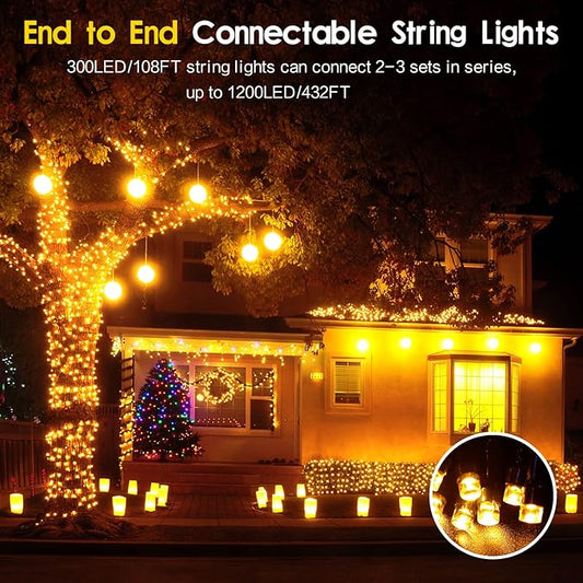 Techip 300 LED Halloween Christmas Lights Outdoor, Warm White Christmas Tree Lights Outside Waterproof Twinkle Lights Green Wire Connectable Plug in String Lights Indoor 108FT 8 Modes for House Decor