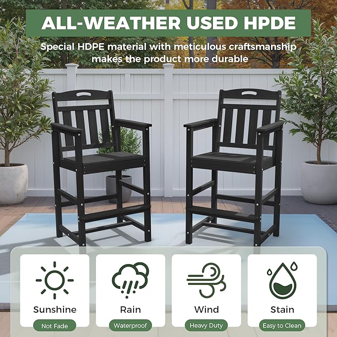HDPE Outdoor Patio Tall Adirondack Bar Chair, All-Weather Bar Height Balcony Adirondack Stools for Bistro, Garden, Backyard, Deck | Matte Black