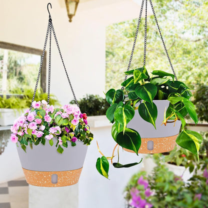 QCQHDU 2 Pack Hanging Planters for Indoor Outdoor Plants, 10 Inch Hanging Baskets Flower Pots with Reservoir Tray & Visible Water-Level