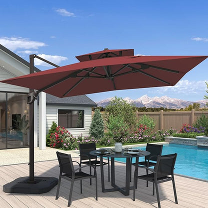 10x10 FT Cantilever Patio Umbrella with Base Included Double Top Outdoor Square Large Heavy Duty Aluminum Offset Umbrellas with 7 Level Tilt 360-degree Rotation for Pool Garden Deck,Wine Red
