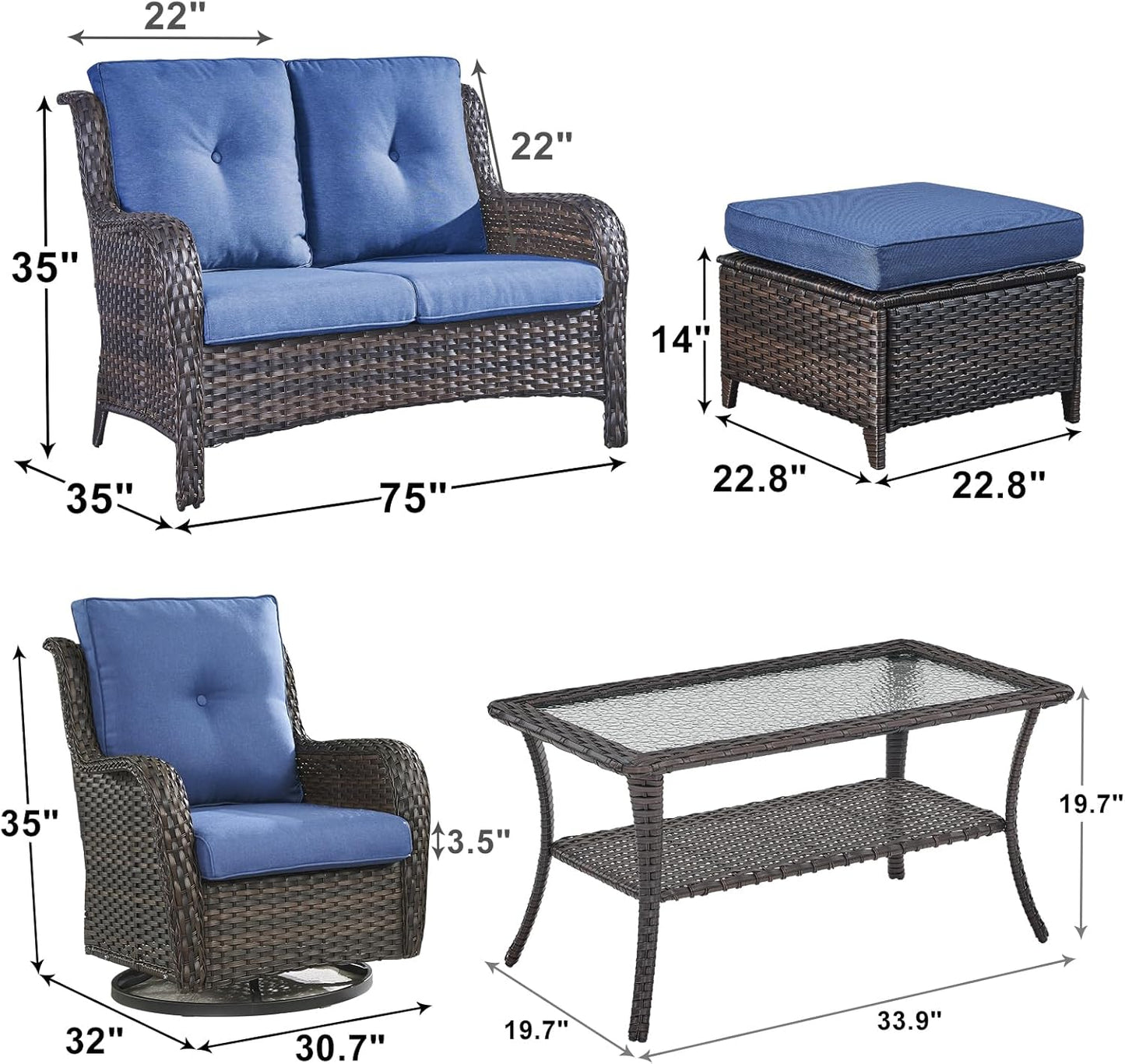 Outdoor Wicker Patio Furniture Set - 6 Piece Rattan Patio Conversation Set with 2 Rocking Swivel Chairs,2 Ottomans,1 Loveseat and 1 Coffee Table for Porch Deck Backyard Garden(Brown/Blue)