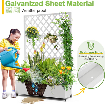 FENCY Metal Planter Box with Diamond Lattice Trellis Planter Box for Climbing Plants/Vines, Galvanized Raised Garden Bed On Wheels, Garden Bed with Trellis(73"x47" White)
