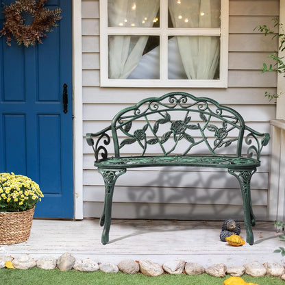 VINGLI 38.5" Patio Park Garden Outdoor Metal Rose Bench,Cast Iron Cast Aluminium Frame Antique Finish Chair,Accented Lawn Front Porch Path Yard Decor Deck Furniture for 2 Person Seat（Green&Black