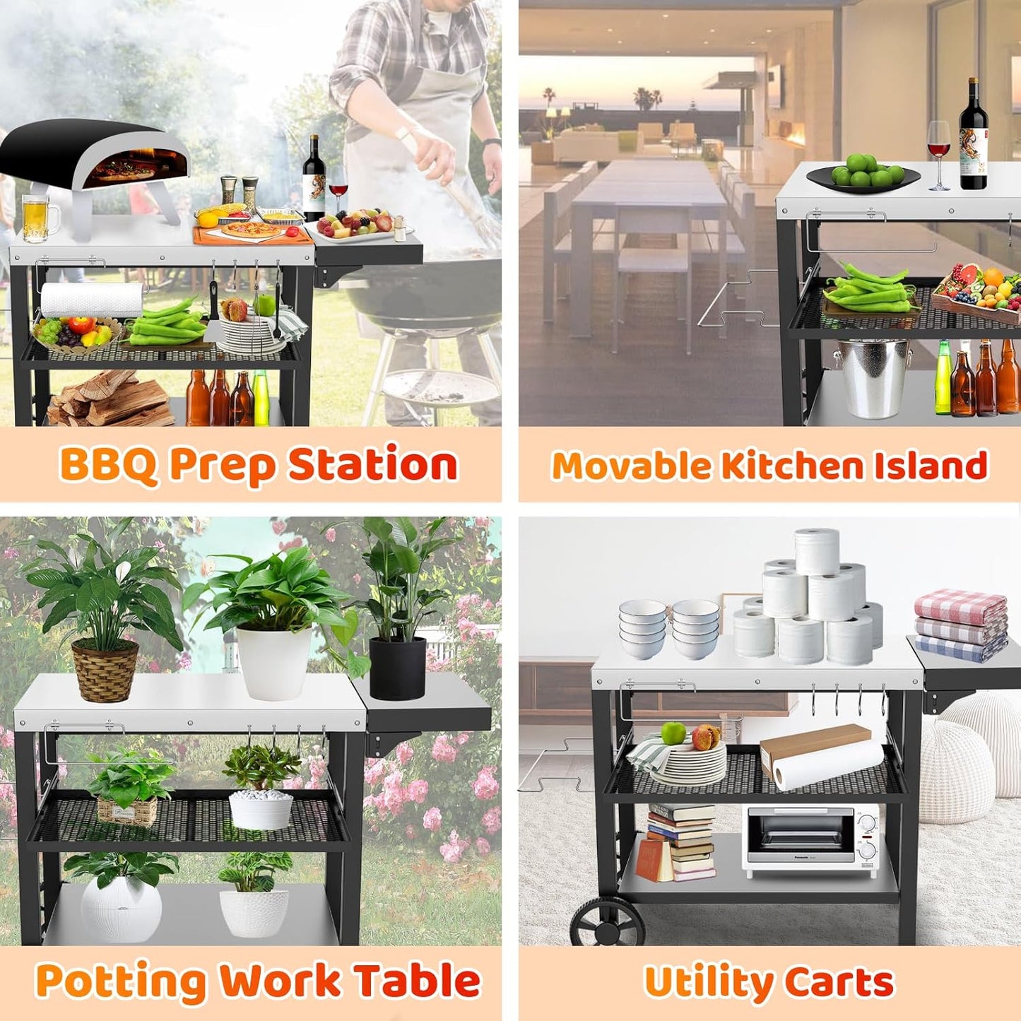 Outdoor Kitchen Island, Grill Table Cart with Drawer, Pizza Oven Stand, Movable 3-Shelf Prep Table with Side Table for Ninja Woodfire, Ooni Pizza Oven, Blackstone Griddle, Cuisinart, Cooking Station