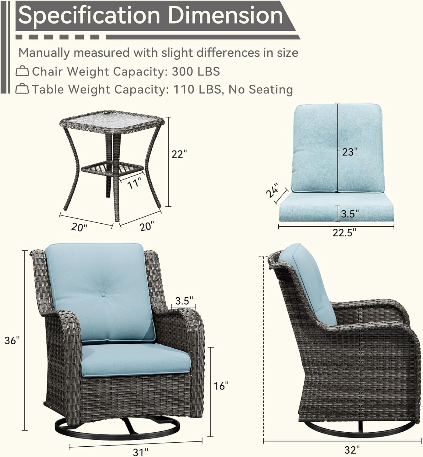 6 Pieces Outdoor Furniture Set - Patio Wicker Swivel Rocker Chair Set of 4 and 2 Side Table, Light Blue, Mixed Brown Rattan, Suitable for Porch, Yard