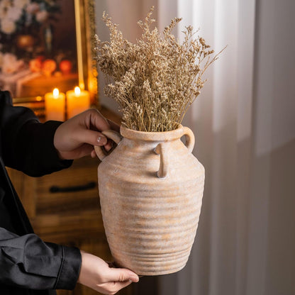 Vintage Terracotta Ceramic Vase with Handles, Rustic Beige Pottery Tulip Vase for Cottage Core Home Mantle Decor, Farmhouse Table Centerpieces, Large Bulk Flower Vases Jarrones Decorativos para Sala