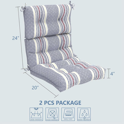 LVTXIII Outdoor Tufted High Back Cushions Set of 2 Patio Seasonal Replacement Rocking Chair Cushion with Ties, Solid Seat and Back Chair Cushion, (44” L x 22W”, Stripe Denim Blue)