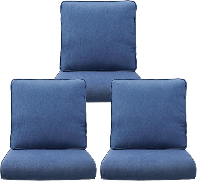Outdoor Chair Cushions 3 Packs - Outside Durable Thick Replacement Back and Seat Cushion 22x24 with Zipper Cover for Patio Glider Rocking Chairs Loveseat Couch – Blue/Regular