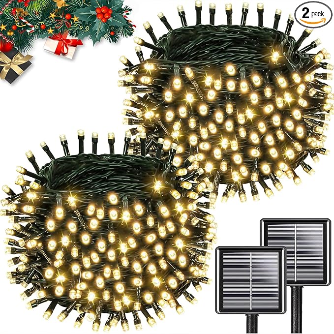 Upgrade 2Pack 200LED Solar String Lights for Outside, 66FT Solar Christmas String Lights Outdoor with 8 Modes, IP65 Waterproof Outdoor Twinkle Light, Garden Xmas Tree Christmas Decoration, Warm White