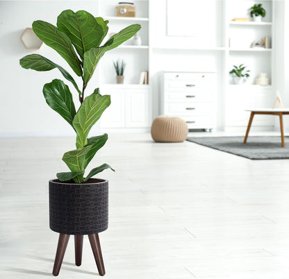 D'vine Dev 8 Inch Modern Geometric Tile Patterned Sleek Planter Pot with Stand, Indoor Outdoor Decorative Plant Holder, Distressed Black, 88-Z-A-5