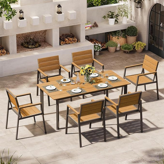 Outdoor Dining Set for 6, Patio Dining Sets with Umbrella Hole, 7 Pieces HDPS Outdoor Table and Chairs for Patio, Garden