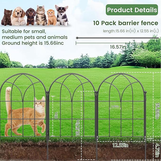 Black Garden Fences Animal Barrier, 12.55"*16.48" Garden Border Fencing, Rustproof Metal No Dig Fence for Dogs, Outdoor Fence, Dog Fencing for Patio, Flower Bed, Farm (Medium 10 Pcs)