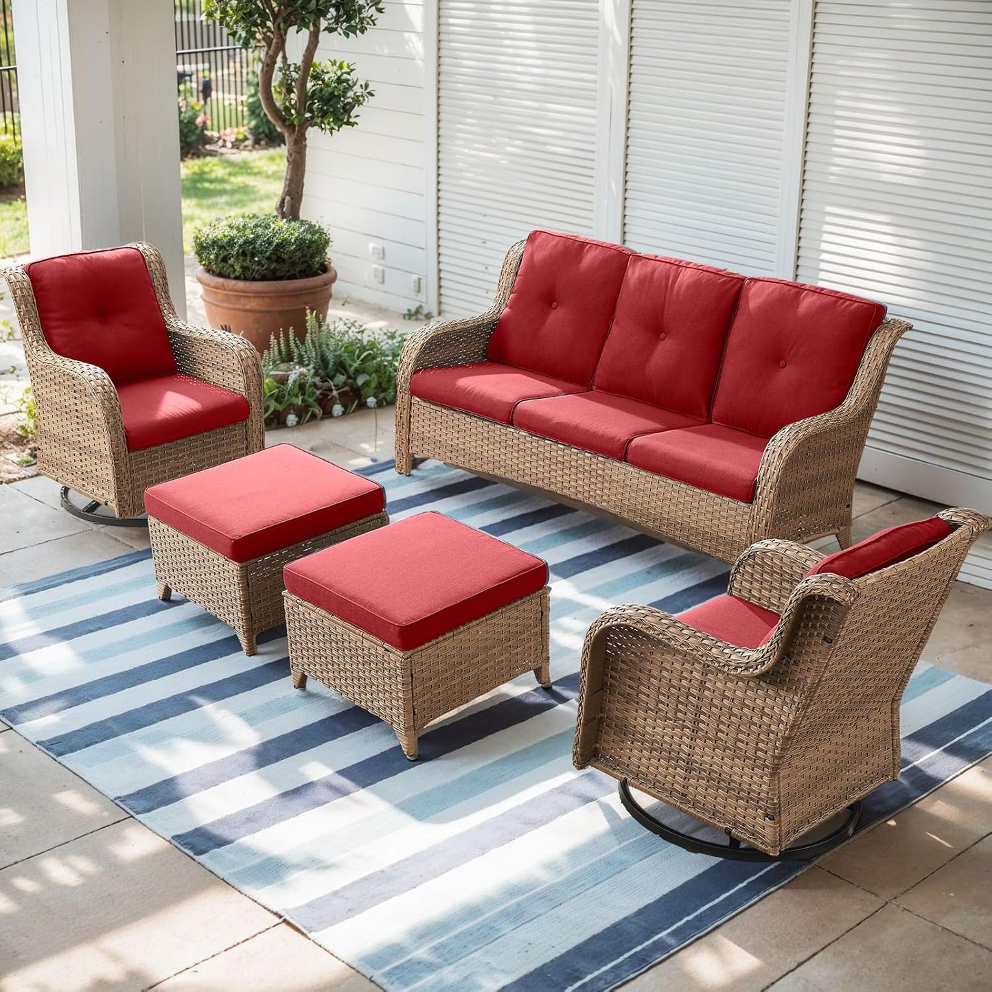 Outdoor Wicker Patio Furniture Set - 5 Piece Rattan Patio Conversation Set with 2 Rocking Swivel Chairs,2 Ottomans and 1 Sofa for Porch Deck Backyard Garden(Yellow/Red)
