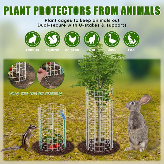 10-Set 12” x 24” Plant Protector from Animals, Hot-Dip Galvanized Metal Mesh Plant Cages, Dual-Secure with U-Stakes & Supports, Animal Barrier to Keep Rabbits & Chickens Out of The Graden