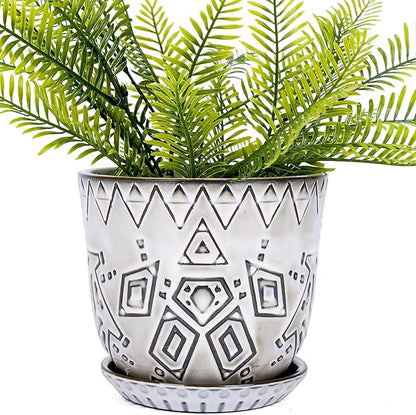 VanEnjoy 5.9 inch Round Bohemian Style Ceramic Planter, Geometry Engrave Off White Brown Succulent Planter Flower Pot, Indoor Outdoor Decorative Planter