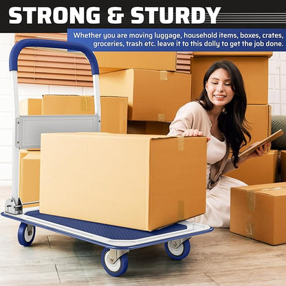Heavy Duty Foldable Push Cart Dolly | 330 lbs. Capacity | Upgraded Collapsible Hand Truck Folding Platform with Swivel Wheels | Flat Bed Moving Wagon | Space Saving Push Handle (Blue)
