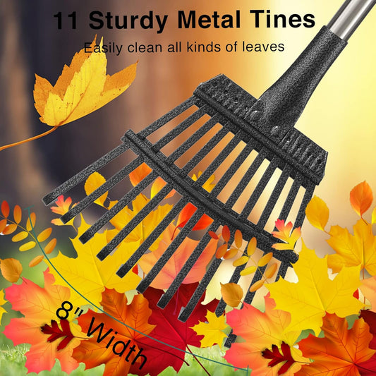 Rake for Leaves, 8" Wide 11 Tines Small Metal Hand Garden Adjustable Lawn Yard Shrub Kids Leaf Rake Heavy Duty Garden Tool for Gardening