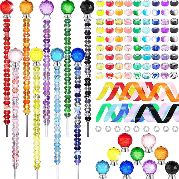 271 Pcs Beaded Garden Stakes Kit, DIY Fairy Wand Garden Stakes Beads Kit Colorful Large Hole Bead Crystal Stopper Top 9 Stainless Steel Threaded Rod Beaded Fairy Wands Supplies for Outdoor Decorative