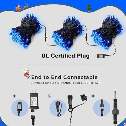 BlcTec Christmas Lights Indoor Outdoor, 300 LED 108FT Christmas String Lights with UL Certified, 8 Lighting Modes, End to End Connectable, Timer, Waterproof & Memory for Xmas Decorations, Blue