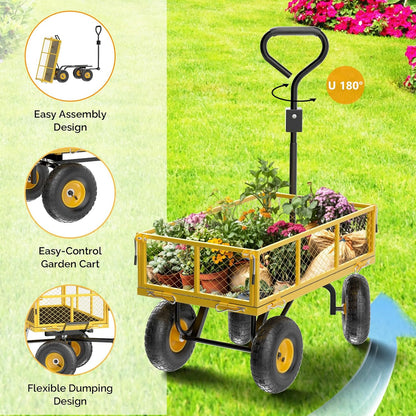 VINGLI Heavy Duty 880 LBS Mesh Steel Garden Cart, Dump Detachable Utility Wheelbarrow, Yard and Garden Wagon Cart with Removable Sides and 10 Inch Wheels(Yellow)