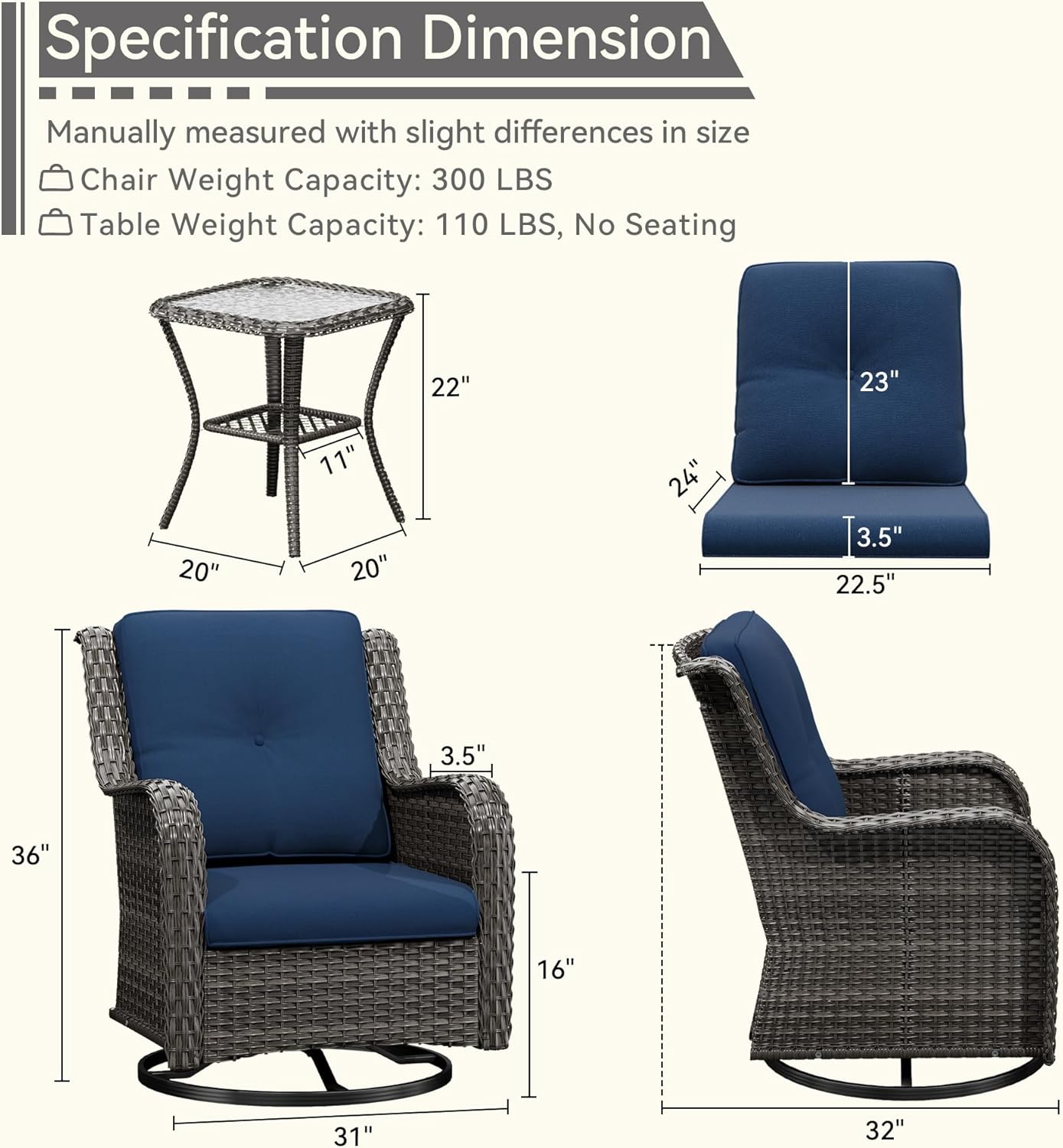 3 Pieces Outdoor Furniture Set - Patio Wicker Swivel Rocker Chair Set of 2 and 1 Side Table, Blue, Mixed Brown Rattan, Suitable for Porch, Yard