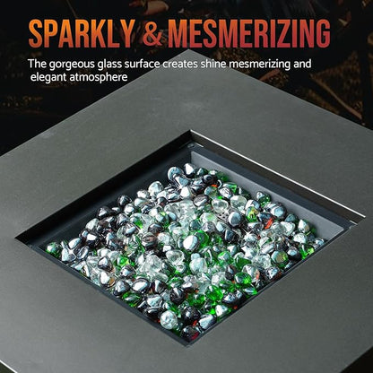 Skyflame 10-Pound Blended Fire Glass Diamonds for Fire Pit Fireplace Landscaping, 1/2 Inch Emerald Green, Crystal Ice, Amber Luster