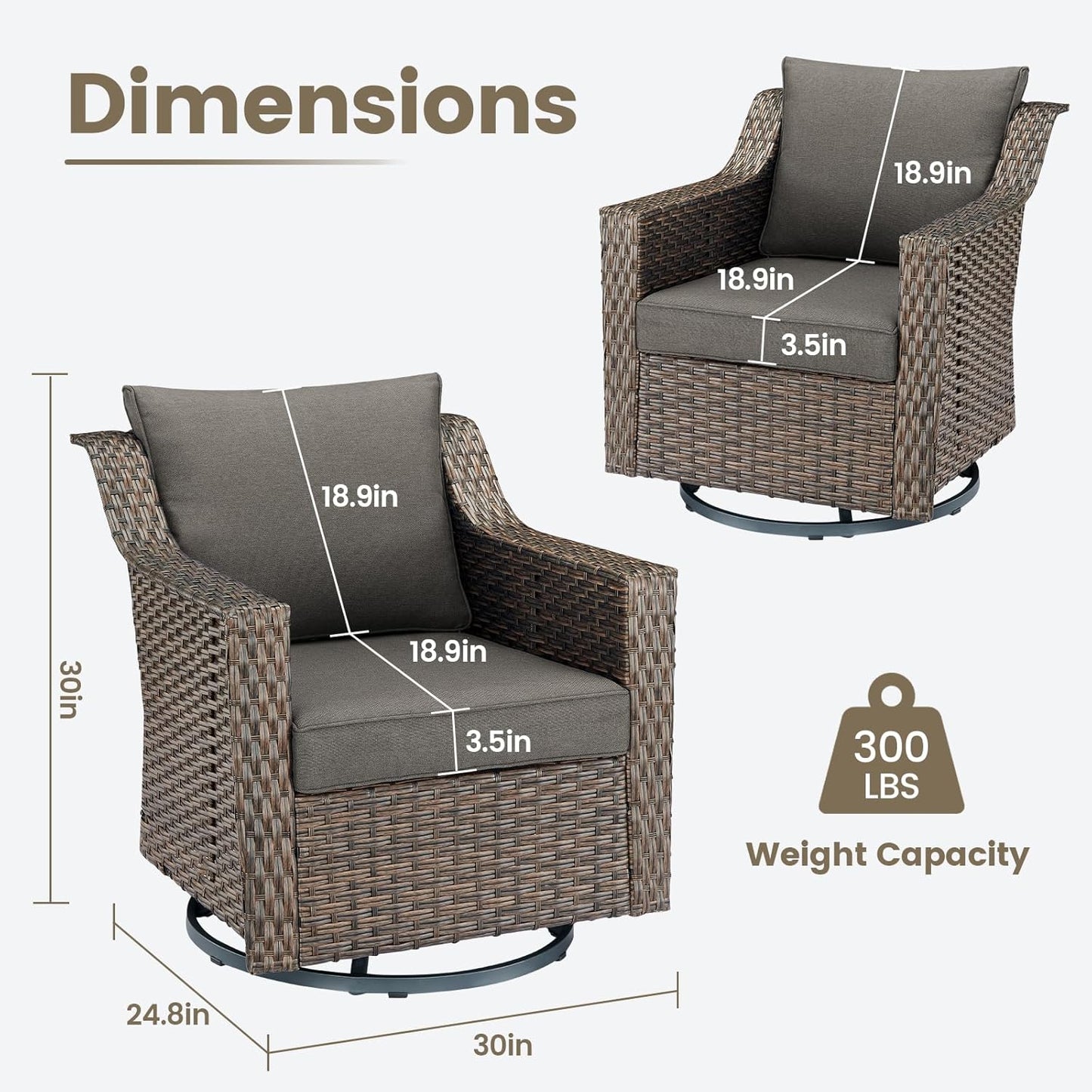 Outdoor Patio Wicker Swivel Chairs - Set of 2 Outside Resin Rattan Rocker Glider Gliding Chair Rocking Armchairs for Front Porch Balcony Backyard Yard Deck Poolside Apartment – Brown/Grey