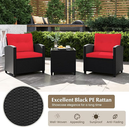 RELAX4LIFE 3-Piece Patio Furniture Set - Wicker Rattan Bistro Sofa Set w/Glass Top Coffee Table, Washable Cushions for Porch Balcony Backyard Poolside, Outdoor Furniture Conversation Set (Red)